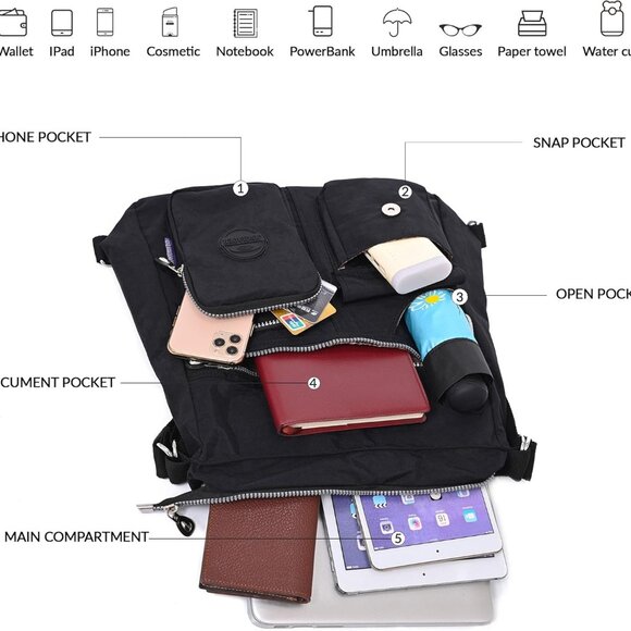 Multipurpose Hobo Purse for Women with Antitheft RFID, Waterproof Nylon Crossbod - Picture 5 of 7